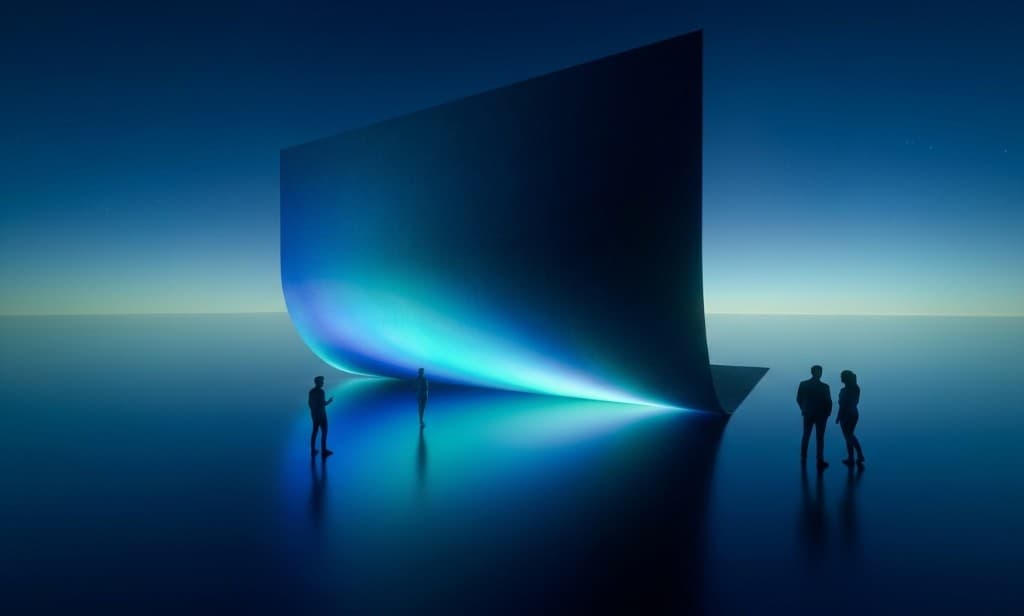 Cinematic landscape with a glowing cyan structure and silhouettes on a reflective floor